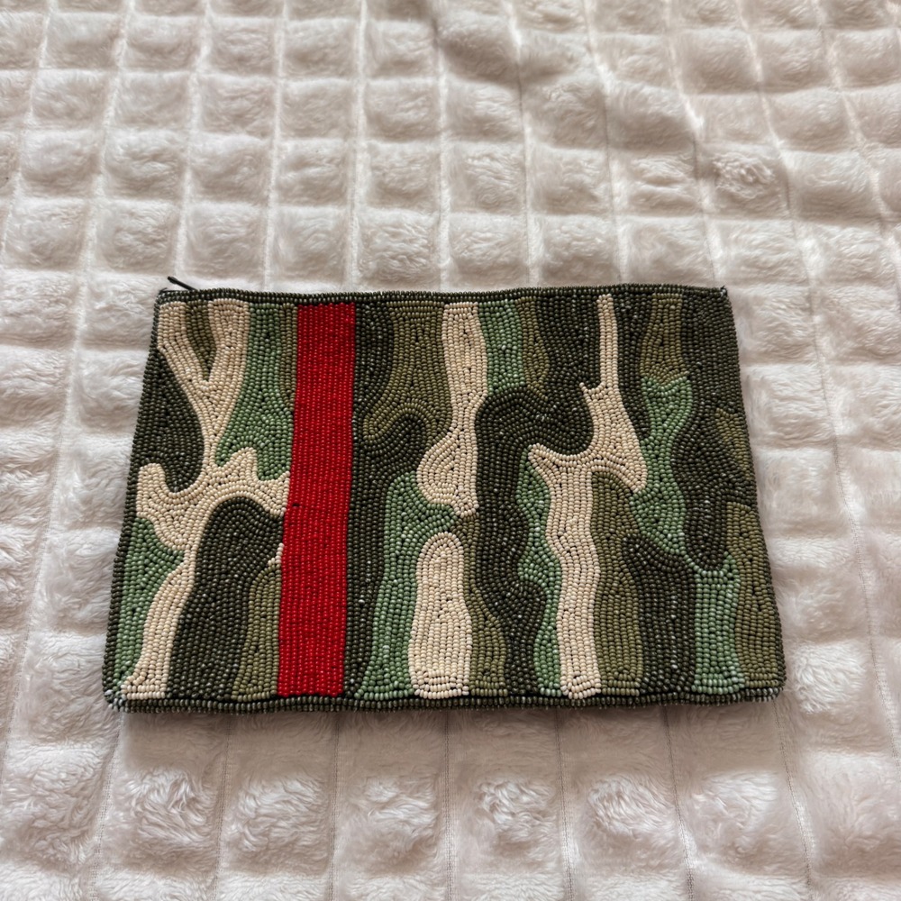 Ink + Alloy Beaded Camo Camouflage Zip Pouch Clutch Cosmetic Bag
